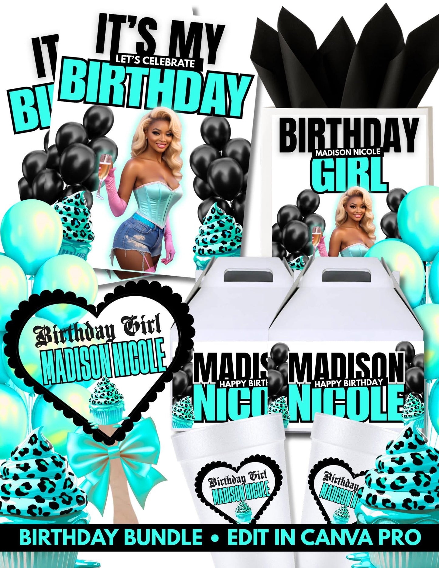 Personalized Birthday Bundle – Editable in Canva Pro Flyers,Bags, Boxes, Cups and Fans