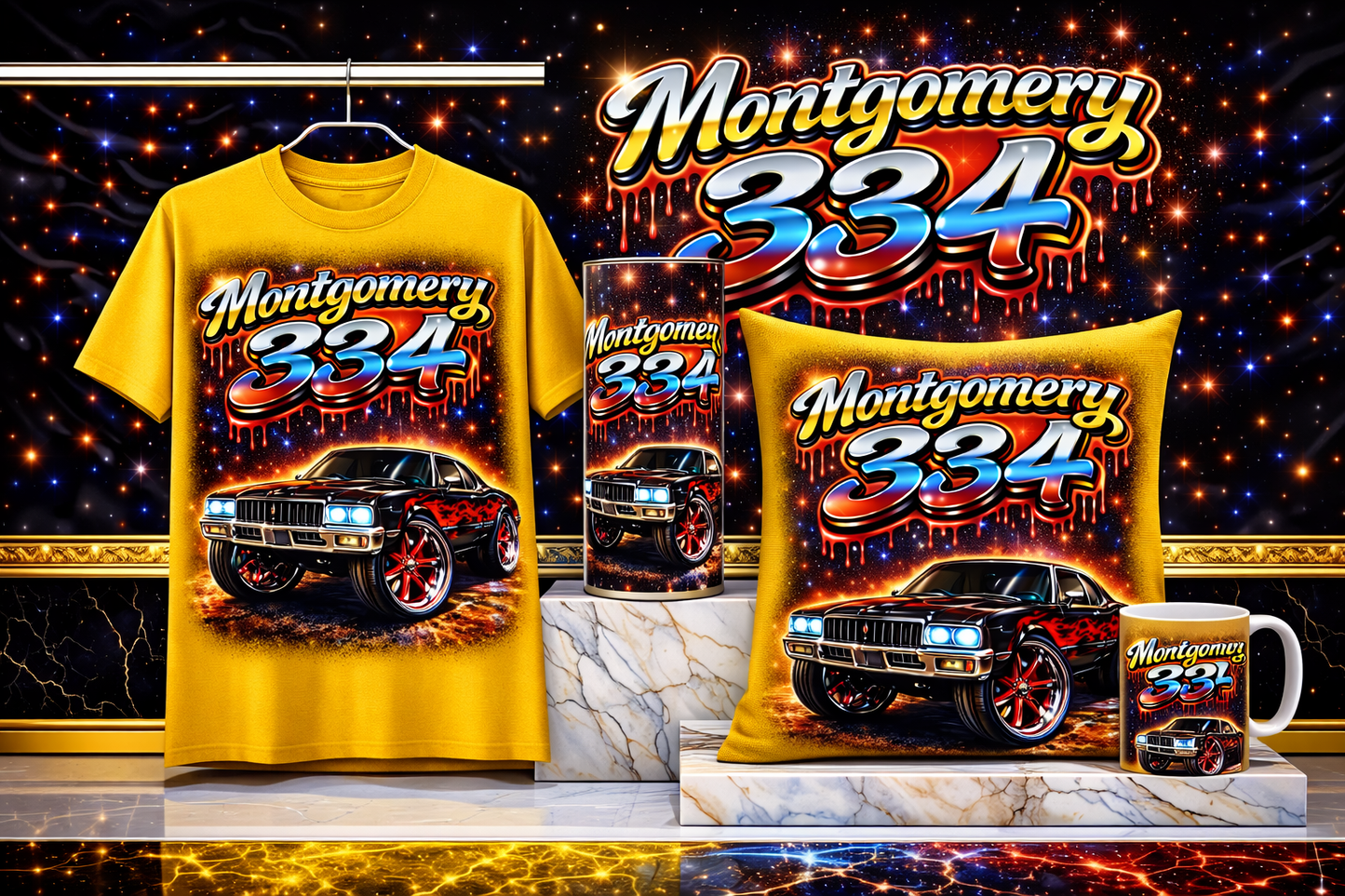 Montgomery 334 Street Luxury Collection – Blue Edition (Shirt + Tumbler + Pillow + Mug)