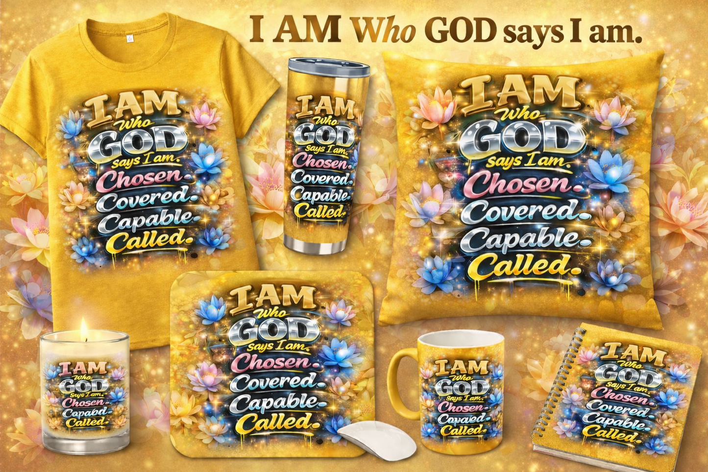 I AM WHO GOD SAYS I AM bundle gold What’s Included in the Bundle:
✔️ Premium Unisex T-Shirt (soft, comfortable fit)
✔️ Stainless Steel Tumbler (keeps drinks hot or cold)
✔️ Decorative Throw Pillow
✔️ Ceramic Mug
✔️ Inspirational Candle
✔️ Mouse Pad
✔️ Sp