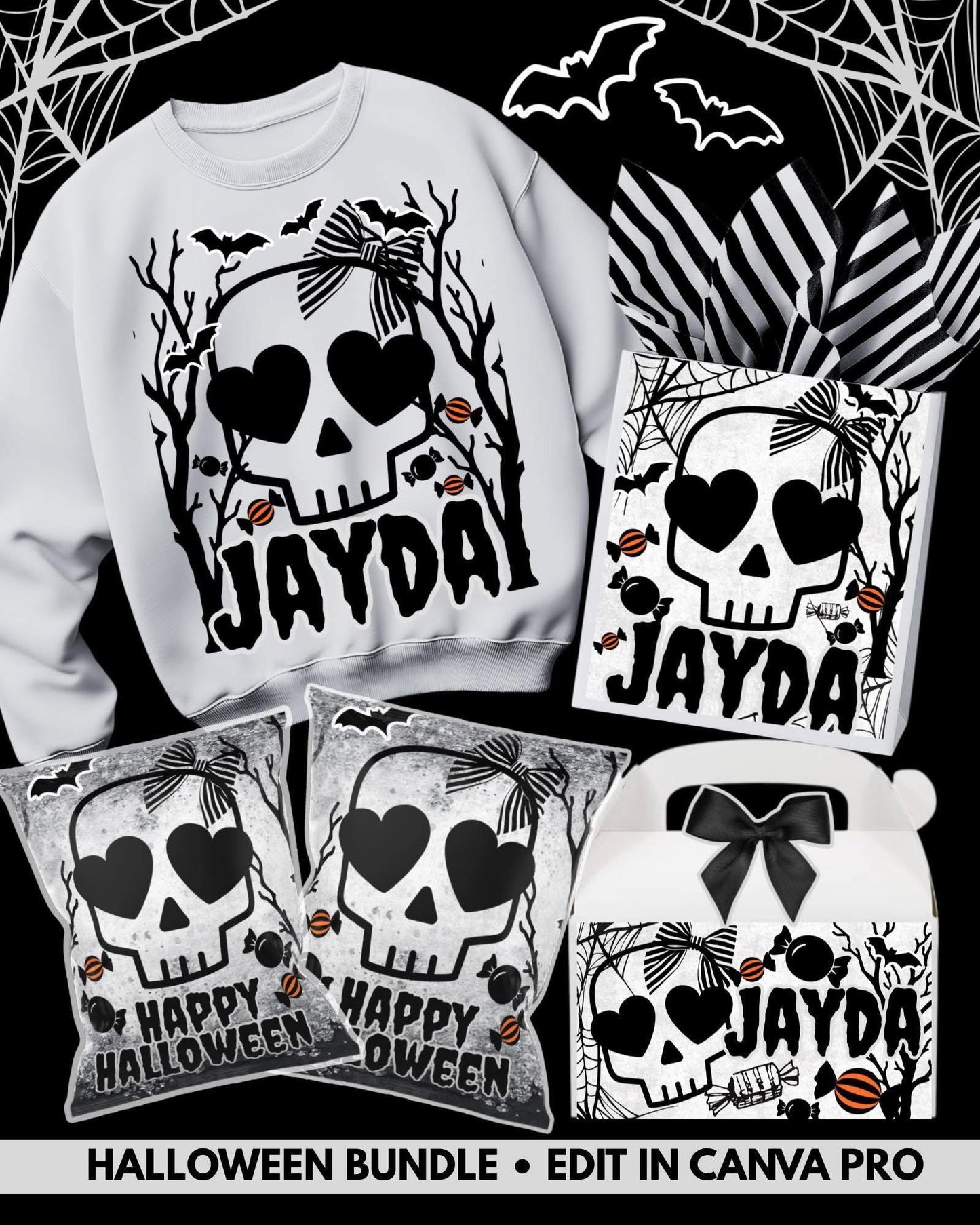 ๐ Halloween Skull Bundle โ Personalized (Editable in Canva Pro) Bags Boxโs & chips