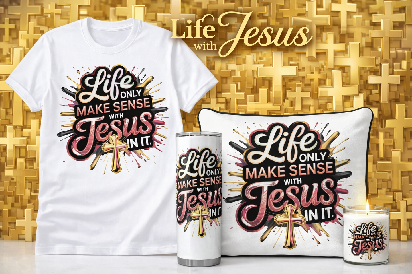 ✨ Life With Jesus Gold Cross Bundle
Includes:
• 1 White Graphic T-Shirt
• 1 Stainless Steel Tumbler
• 1 Decorative Pillow
• 1 Scented Candle
• 1 Coffee Mug