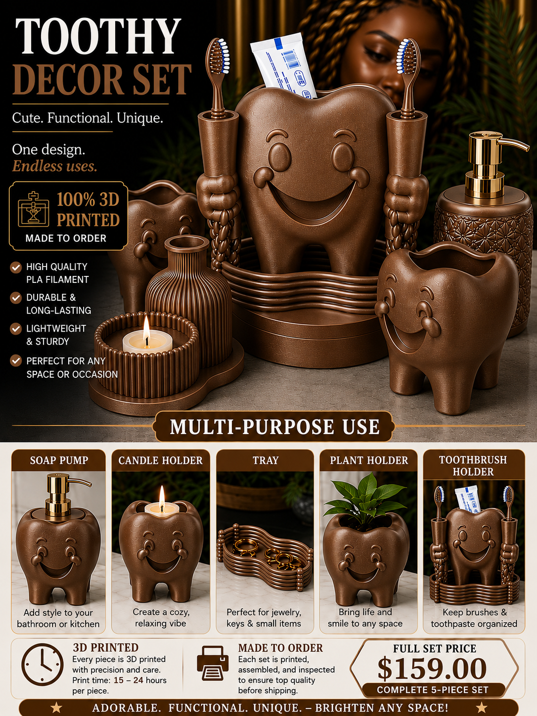 Toothy Multi-Purpose Bathroom Décor Set – 3D Printed