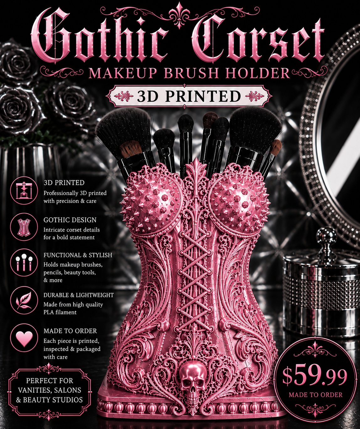 Gothic Corset Makeup Brush Holder – 3D Printed