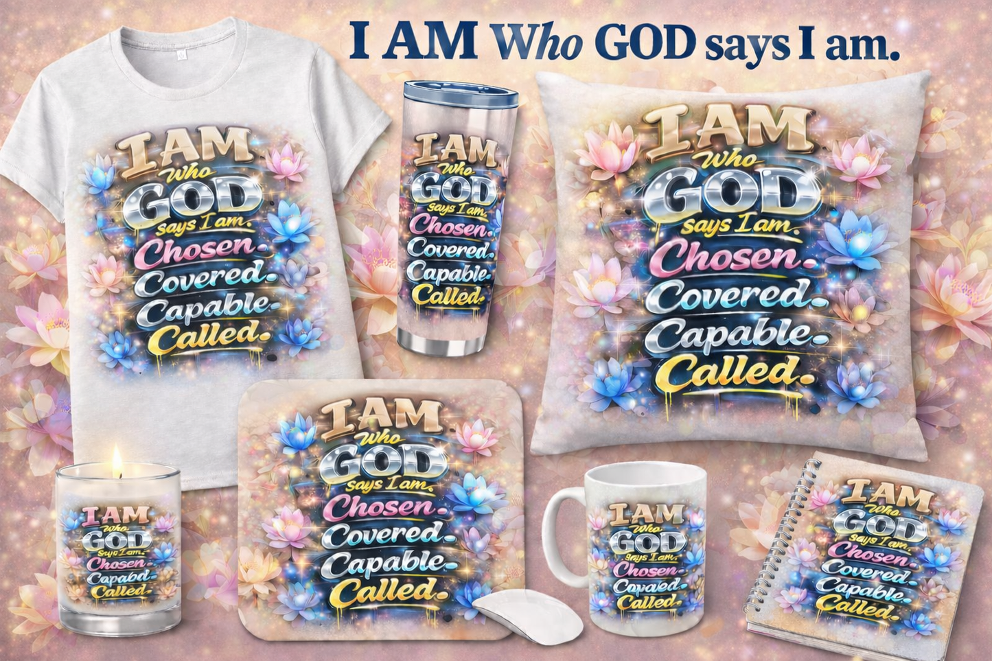 I AM WHO GOD SAYS I AM bundle white What’s Included in the Bundle:

✔️ Premium Unisex T-Shirt (soft, comfortable fit)
✔️ Stainless Steel Tumbler (keeps drinks hot or cold)
✔️ Decorative Throw Pillow
✔️ Ceramic Mug
✔️ Inspirational Candle
✔️ Mouse Pad
✔️ S