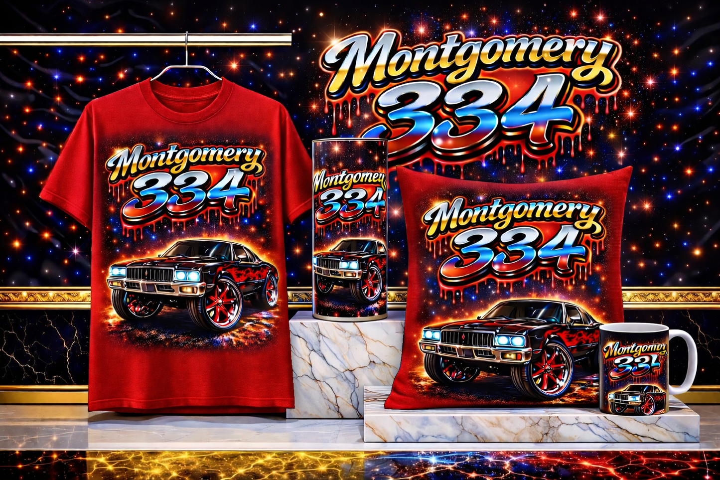 Montgomery 334 Street Luxury Collection – Blue Edition (Shirt + Tumbler + Pillow + Mug)