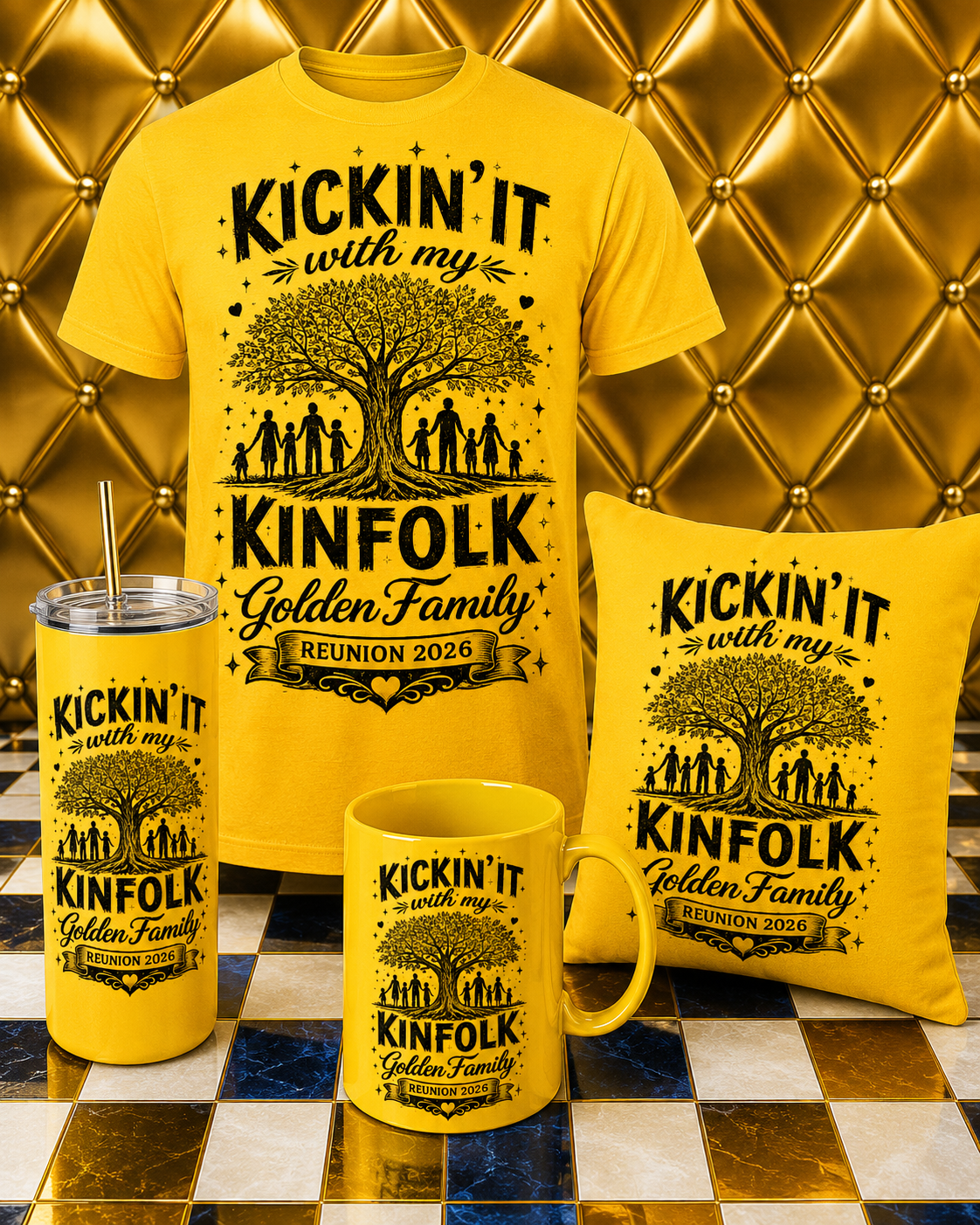 Kickin’ It With My Kinfolk – Golden Family Reunion Collection | T-Shirt, Tumbler, Mug & Pillow Bundle