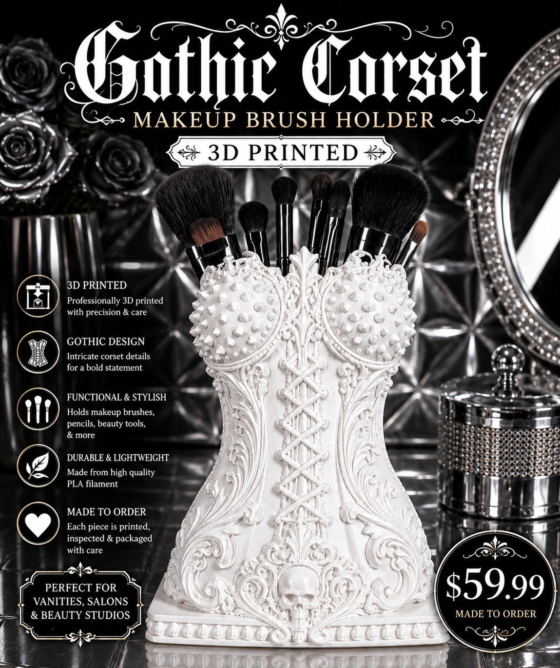 Gothic Corset Makeup Brush Holder – 3D Printed