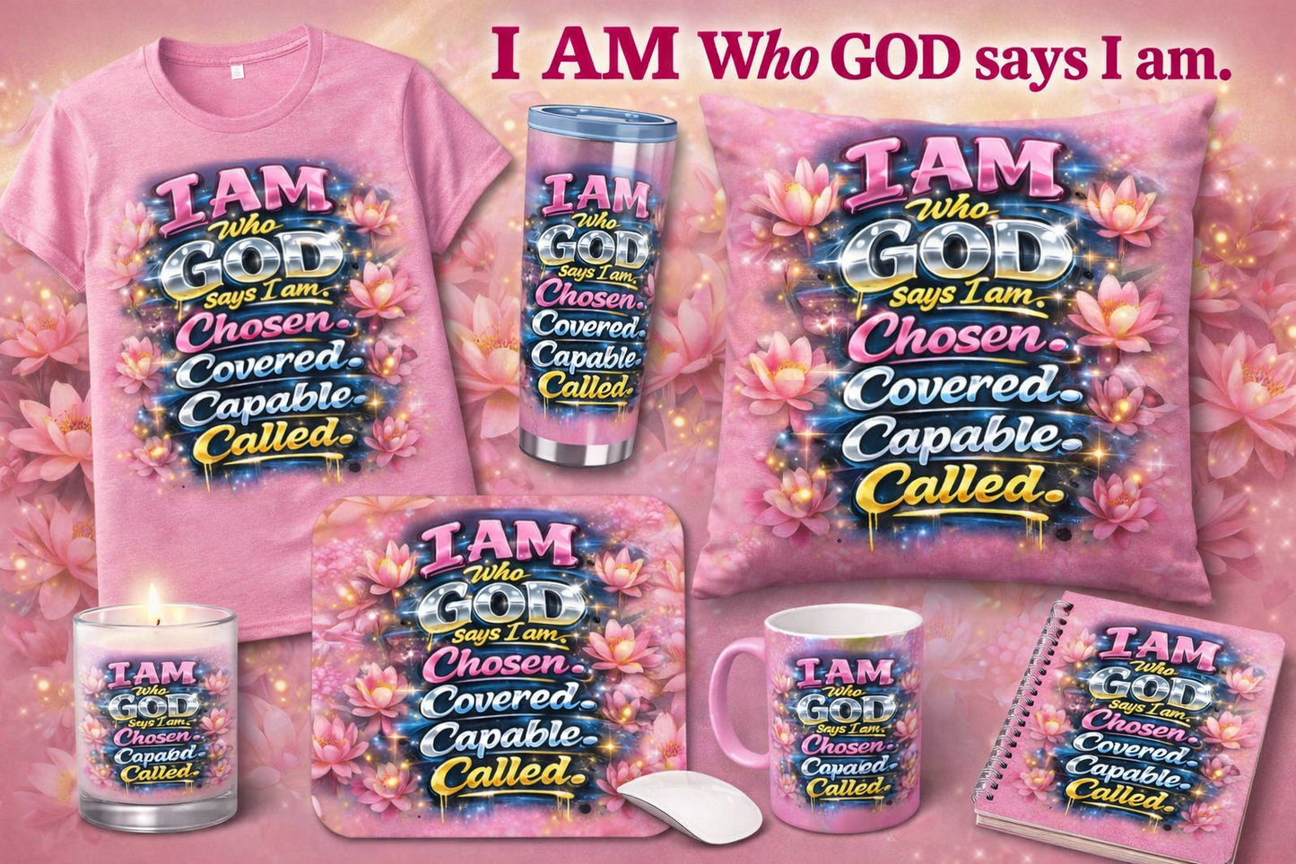 I AM WHO GOD SAYS I AM Bundle pink What’s Included in the Bundle:

✔️ Premium Unisex T-Shirt (soft, comfortable fit)
✔️ Stainless Steel Tumbler (keeps drinks hot or cold)
✔️ Decorative Throw Pillow
✔️ Ceramic Mug
✔️ Inspirational Candle
✔️ Mouse Pad
✔️ Sp