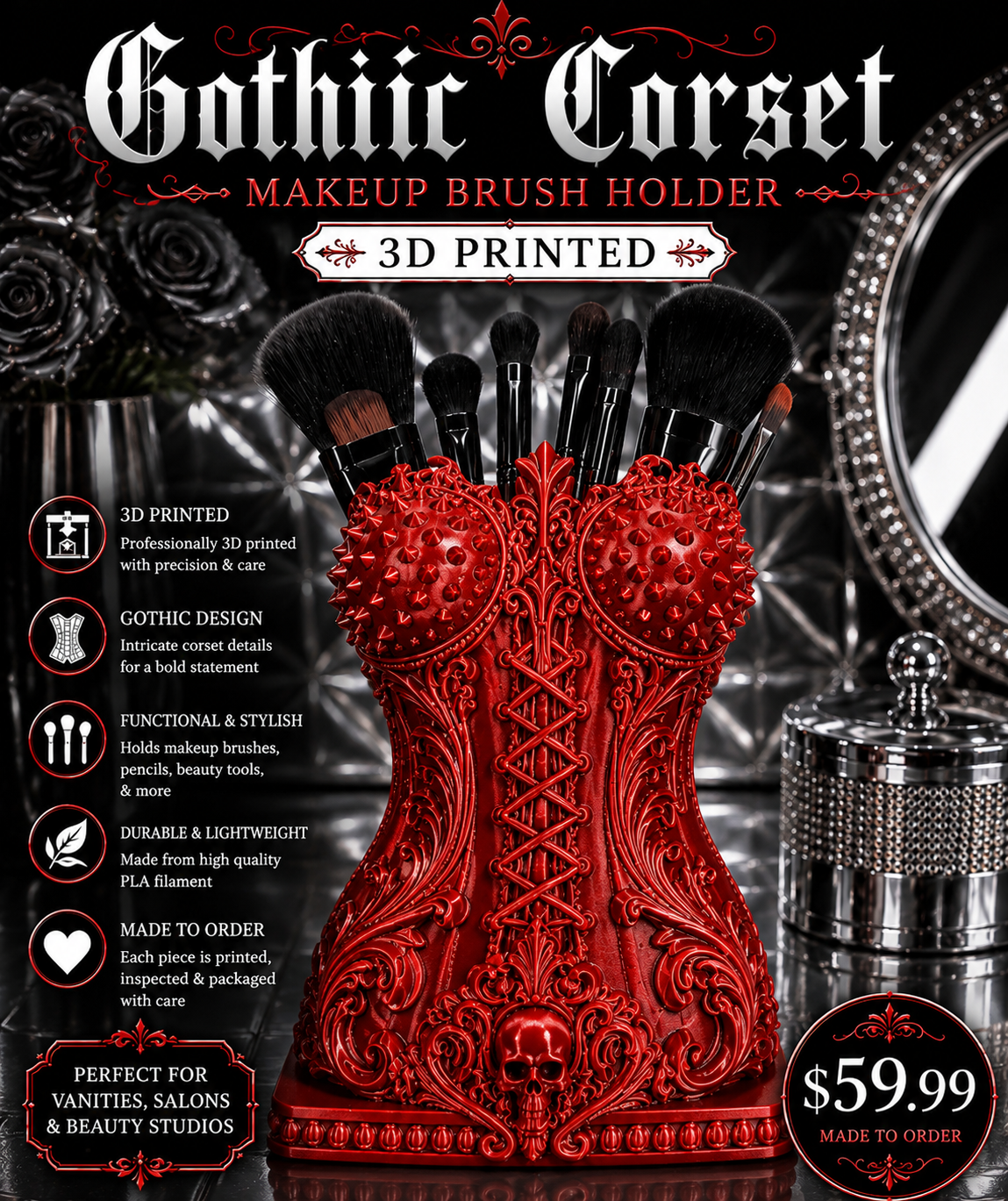 Gothic Corset Makeup Brush Holder – 3D Printed