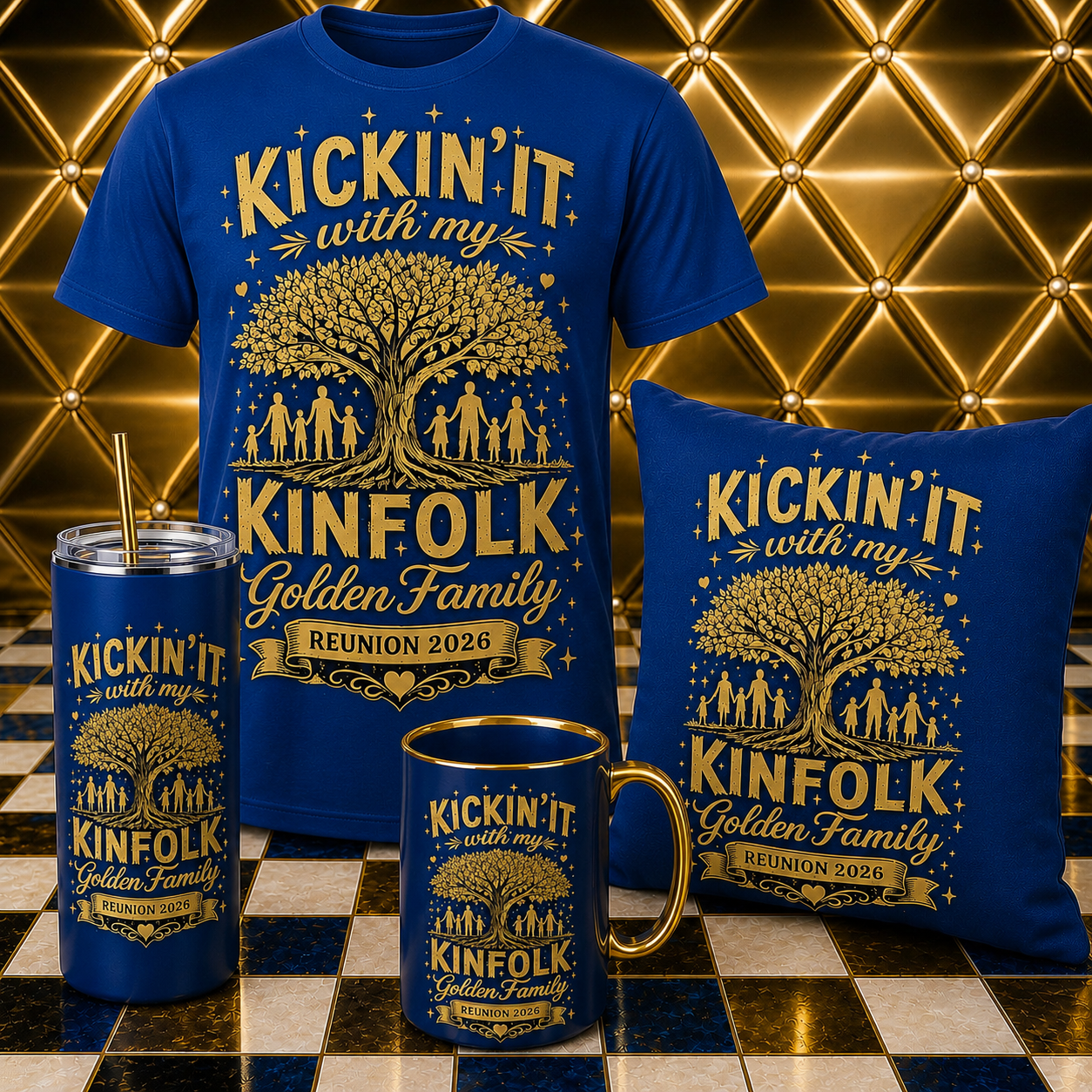 Kickin’ It With My Kinfolk – Golden Family Reunion Collection | T-Shirt, Tumbler, Mug & Pillow Bundle