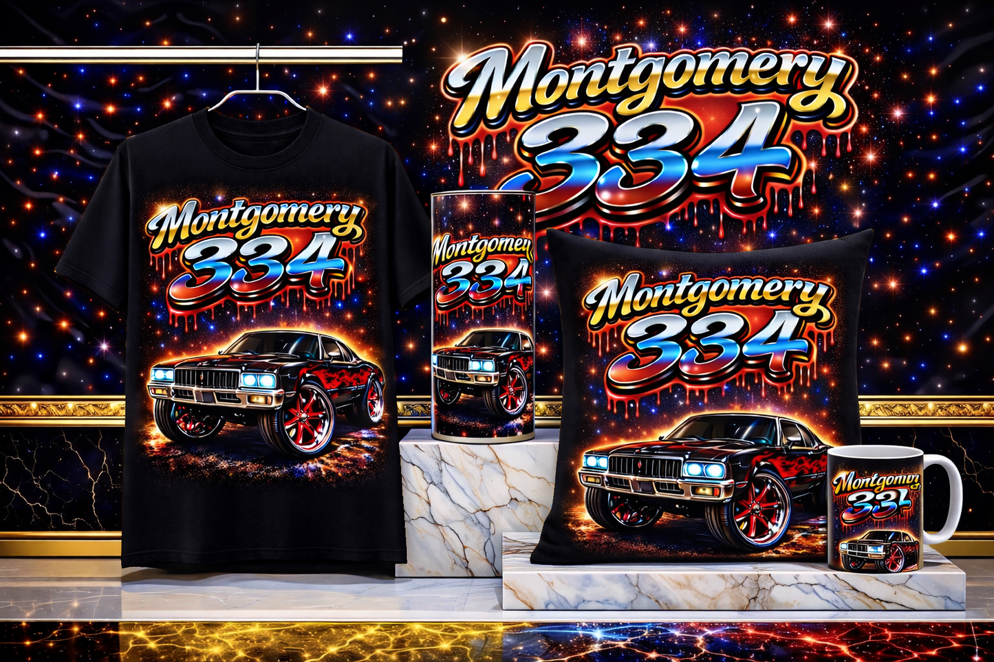 Montgomery 334 Street Luxury Collection – Blue Edition (Shirt + Tumbler + Pillow + Mug)