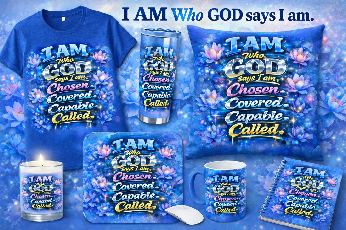 I AM WHO GOD SAYS I AM Bundle in What’s Included in the Bundle:

✔️ Premium Unisex T-Shirt (soft, comfortable fit)
✔️ Stainless Steel Tumbler (keeps drinks hot or cold)
✔️ Decorative Throw Pillow
✔️ Ceramic Mug
✔️ Inspirational Candle
✔️ Mouse Pad
✔️ Spir