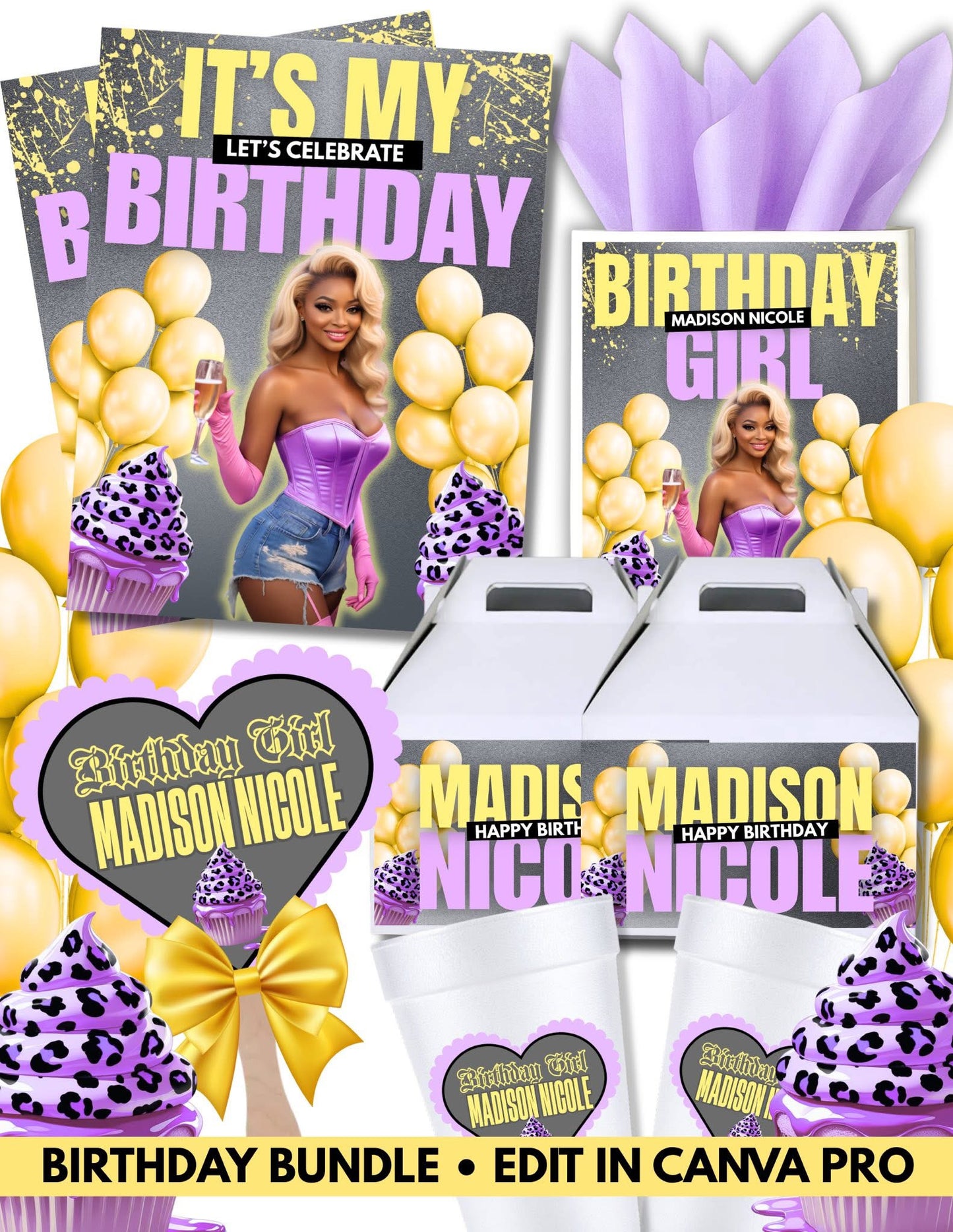 Personalized Birthday Bundle – Editable in Canva Pro Flyers,Bags, Boxes, Cups and Fans