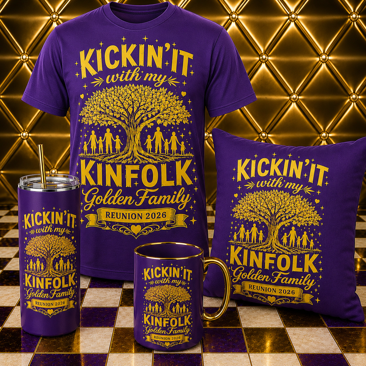Kickin’ It With My Kinfolk – Golden Family Reunion Collection | T-Shirt, Tumbler, Mug & Pillow Bundle