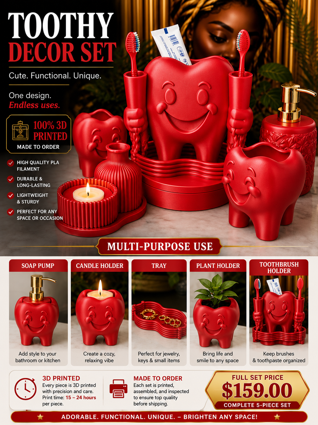 Toothy Multi-Purpose Bathroom Décor Set – 3D Printed