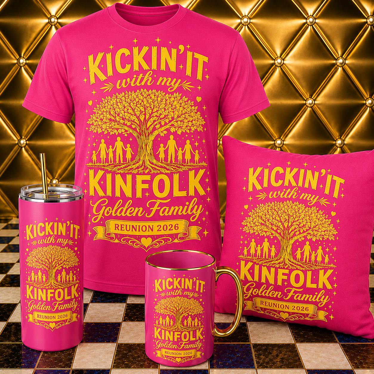 Kickin’ It With My Kinfolk – Golden Family Reunion Collection | T-Shirt, Tumbler, Mug & Pillow Bundle