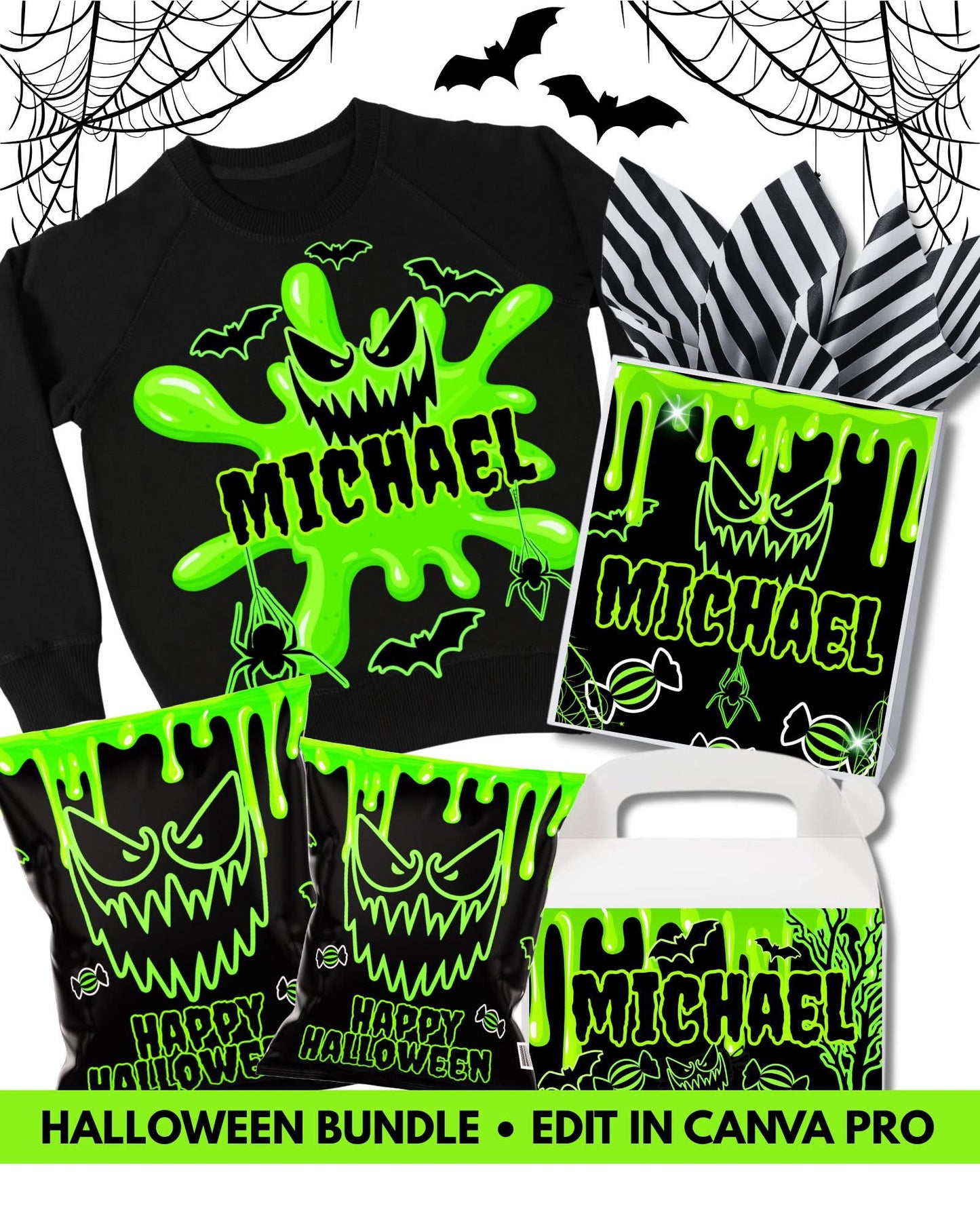 Green Drip Halloween Bundle – Personalized (Editable in Canva Pro) Shirt , Bags, Boxes,& Chips