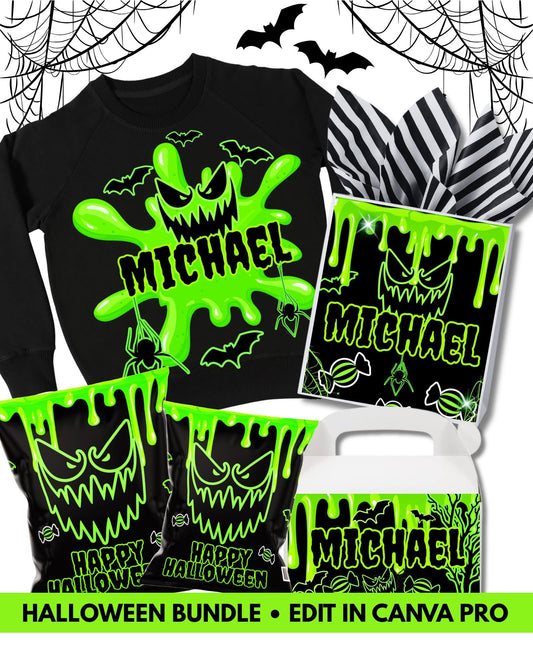 Green Drip Halloween Bundle – Personalized (Editable in Canva Pro) Shirt , Bags, Boxes,& Chips