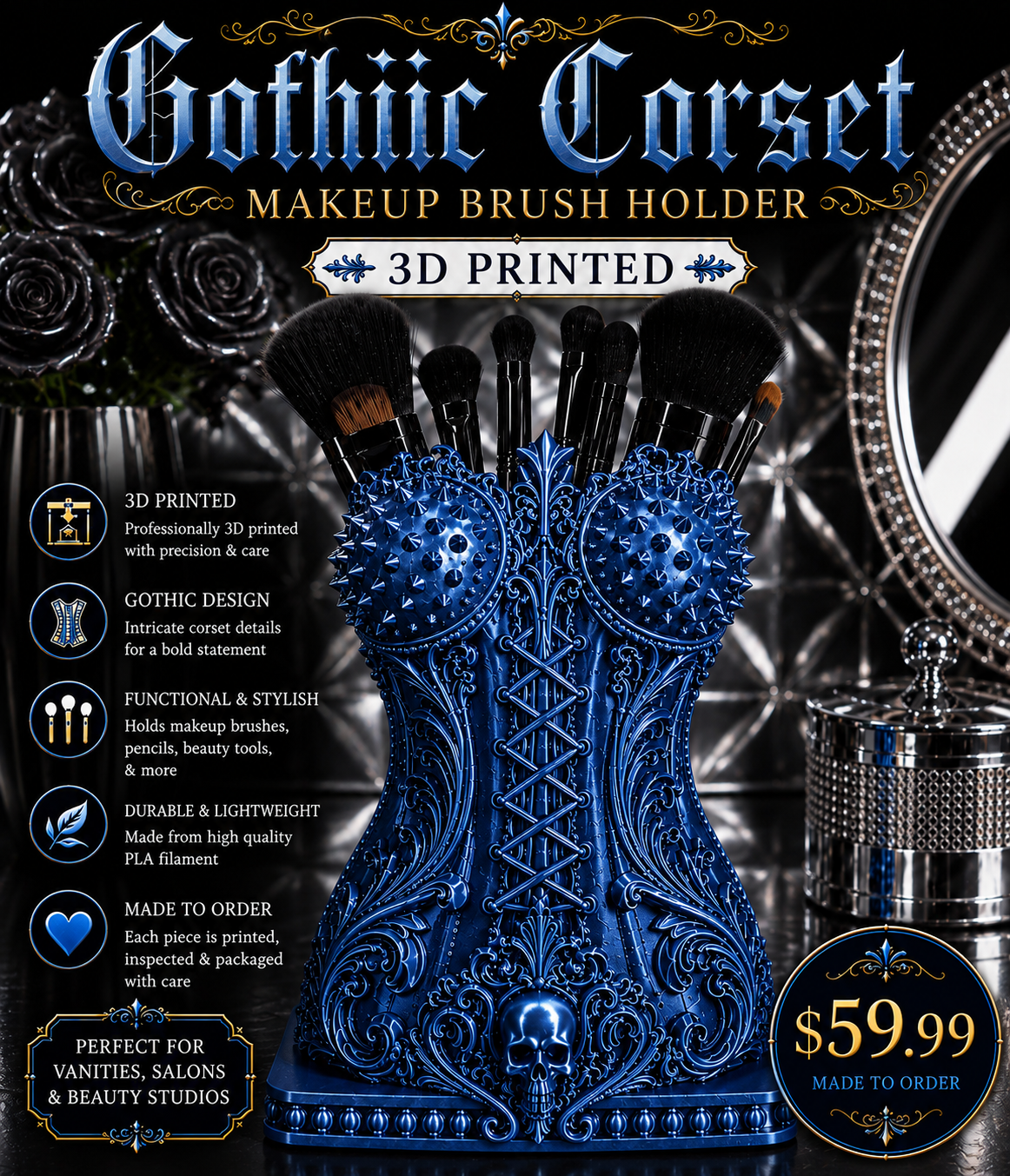 Gothic Corset Makeup Brush Holder – 3D Printed