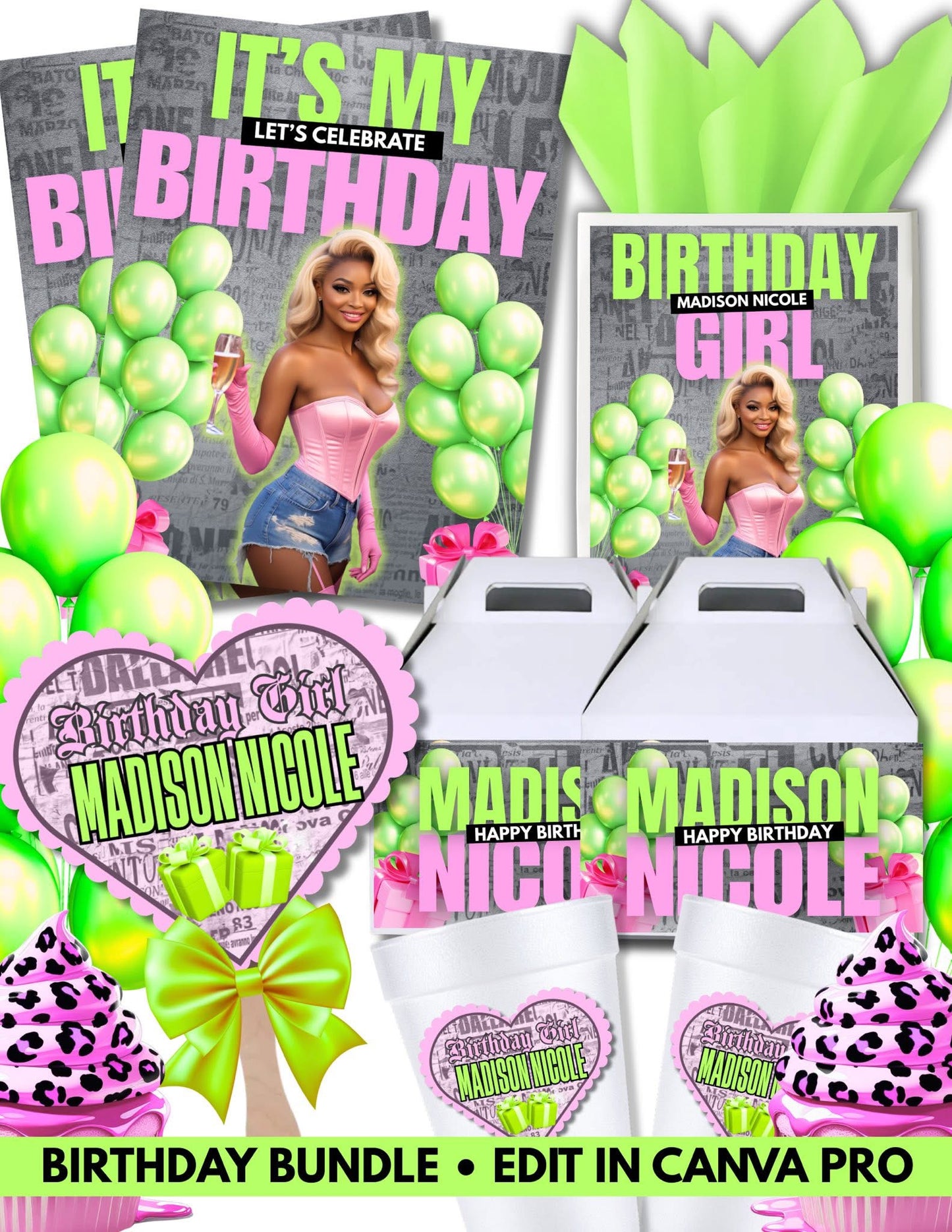 Personalized Birthday Bundle – Editable in Canva Pro Flyers,Bags, Boxes, Cups and Fans