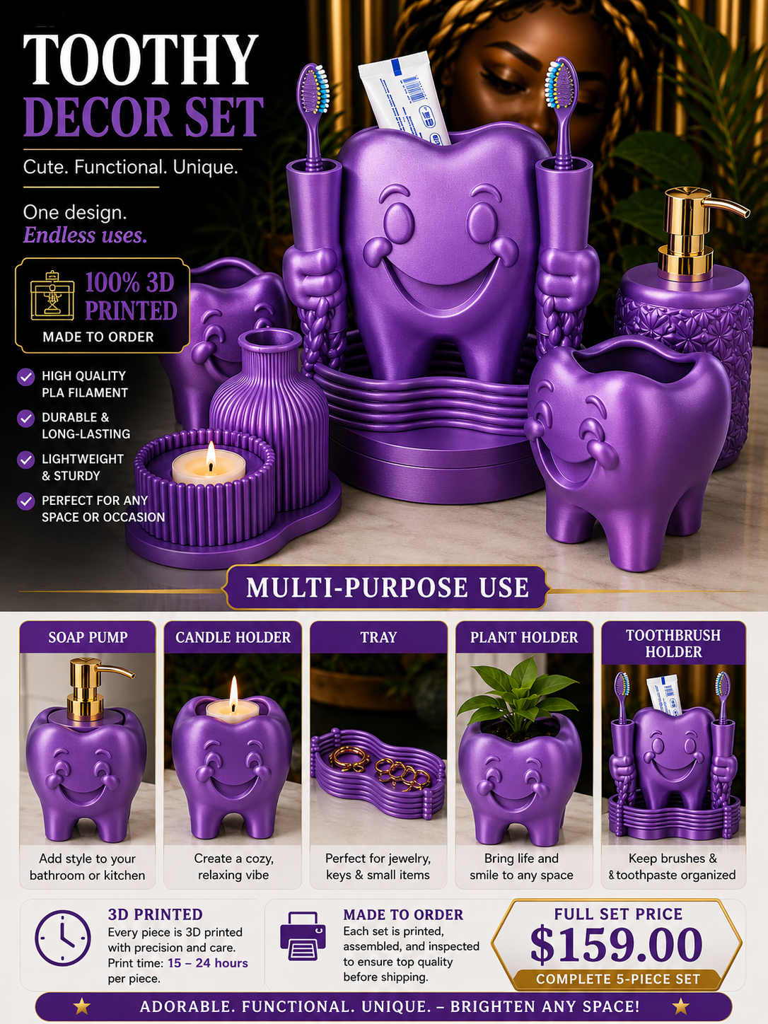 Toothy Multi-Purpose Bathroom Décor Set – 3D Printed