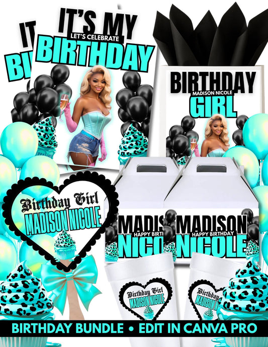 Personalized Birthday Bundle – Editable in Canva Pro Flyers,Bags, Boxes, Cups and Fans