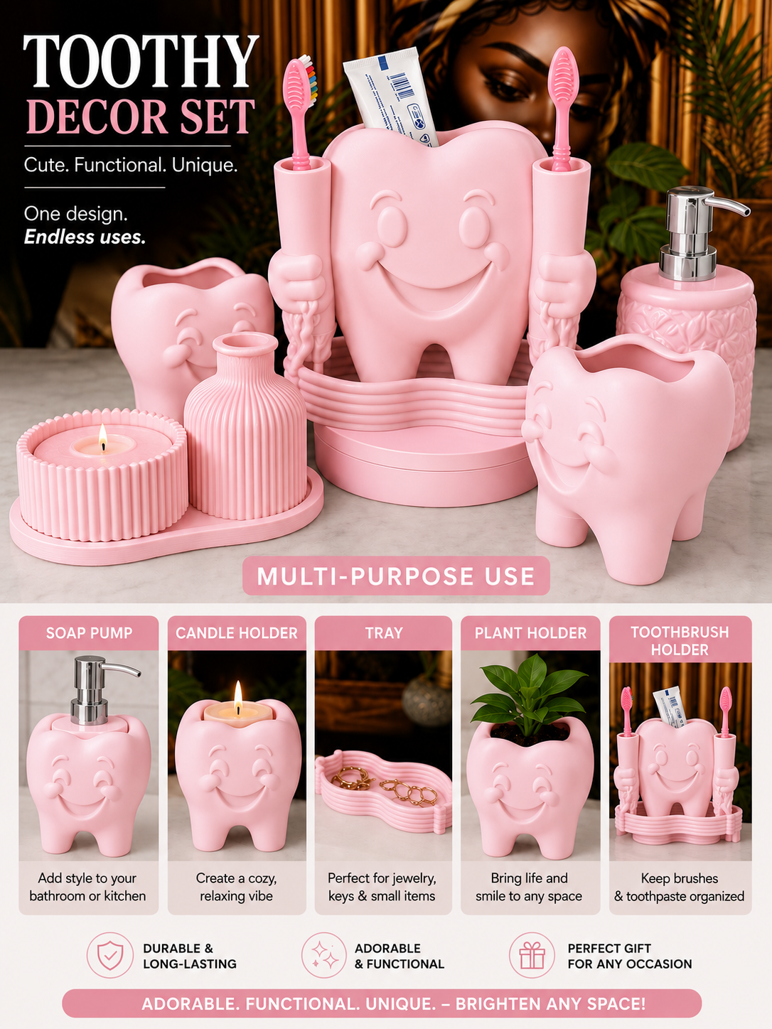 Toothy Multi-Purpose Bathroom Décor Set – 3D Printed