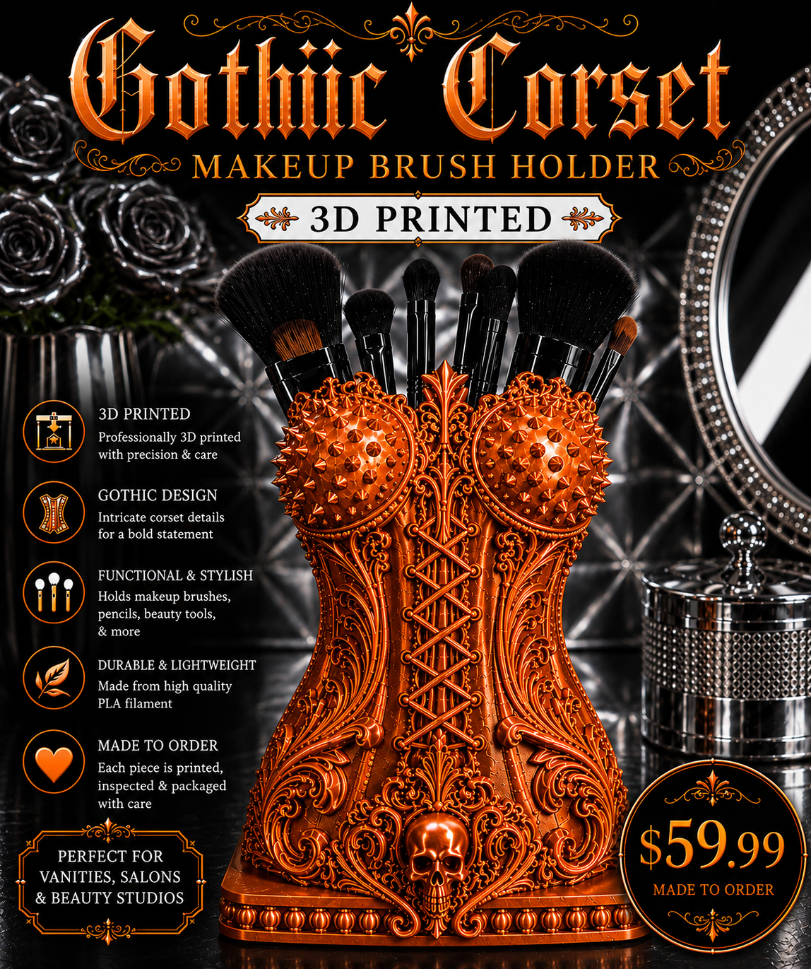 Gothic Corset Makeup Brush Holder – 3D Printed