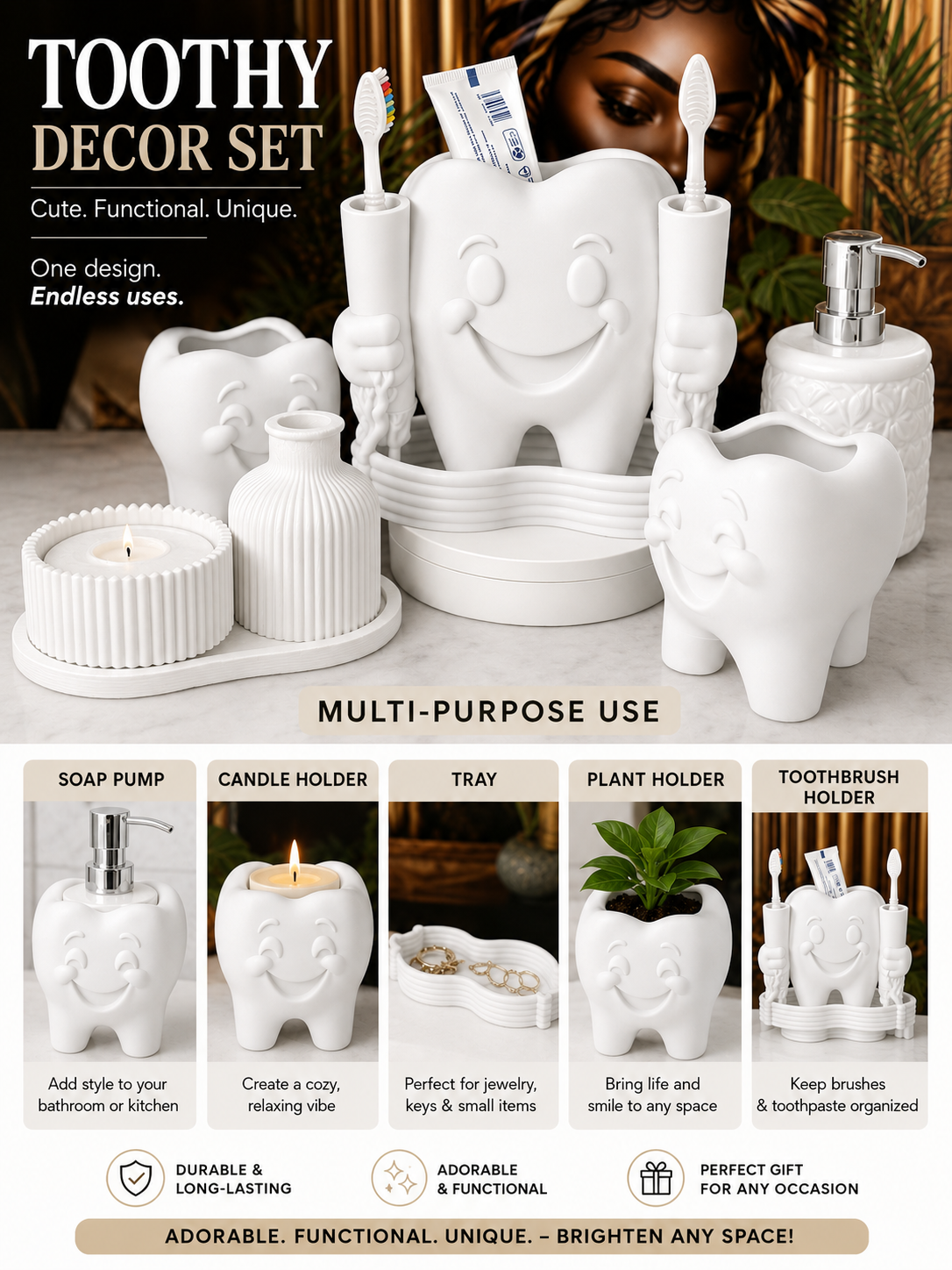 Toothy Multi-Purpose Bathroom Décor Set – 3D Printed
