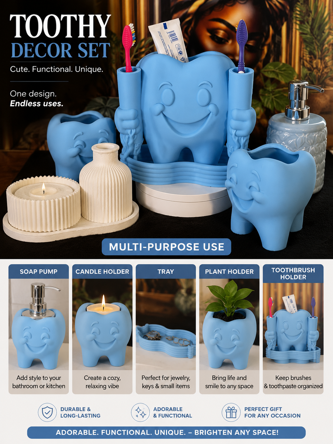 Toothy Multi-Purpose Bathroom Décor Set – 3D Printed