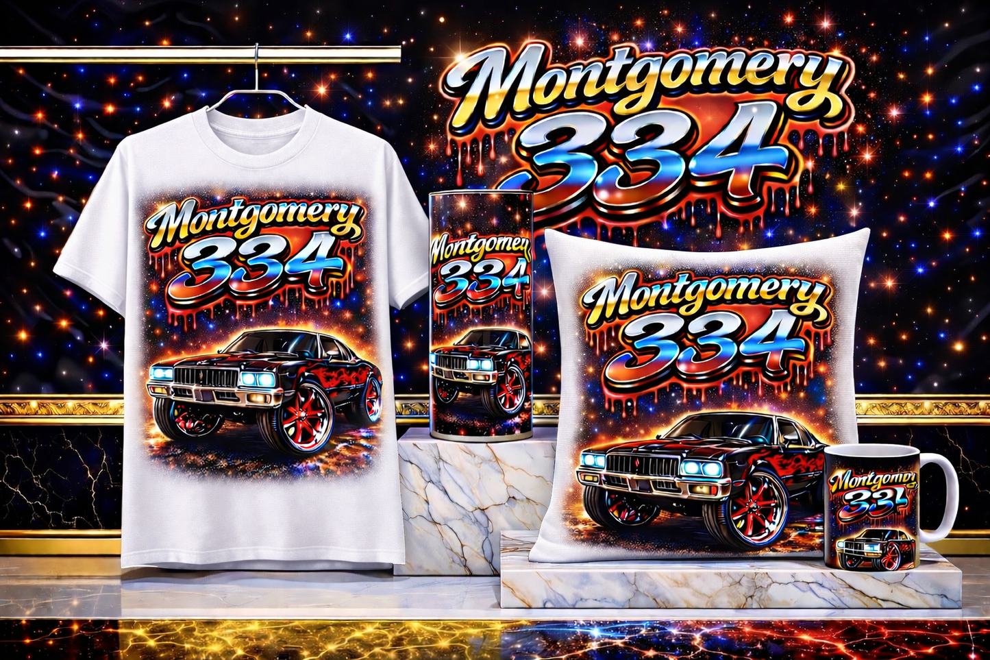 Montgomery 334 Street Luxury Collection – Blue Edition (Shirt + Tumbler + Pillow + Mug)