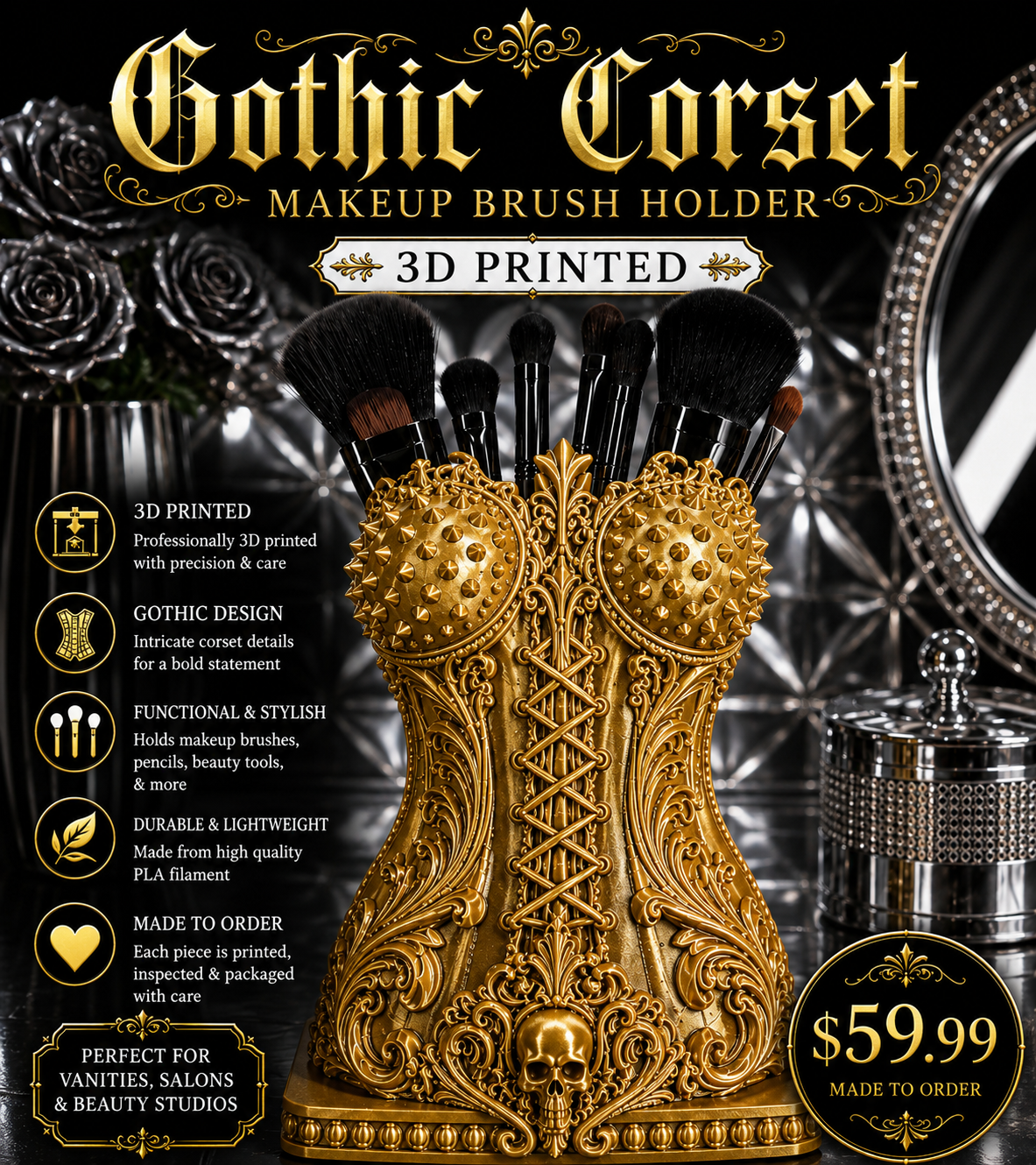Gothic Corset Makeup Brush Holder – 3D Printed