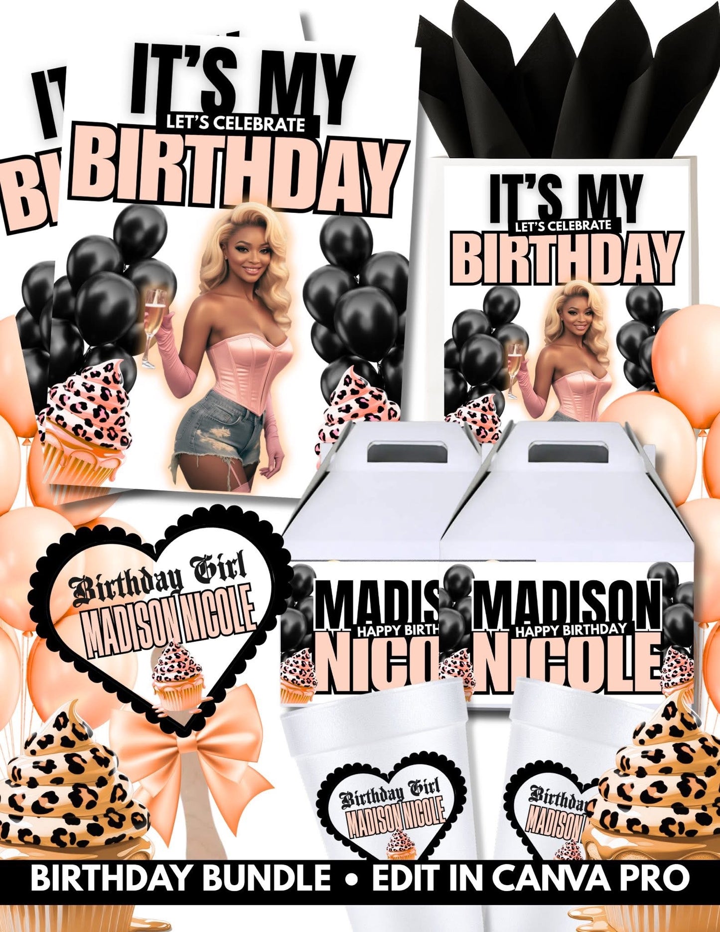 Personalized Birthday Bundle – Editable in Canva Pro Flyers,Bags, Boxes, Cups and Fans