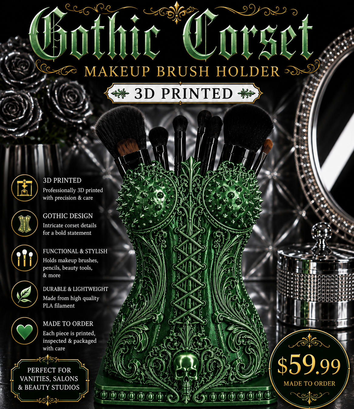 Gothic Corset Makeup Brush Holder – 3D Printed