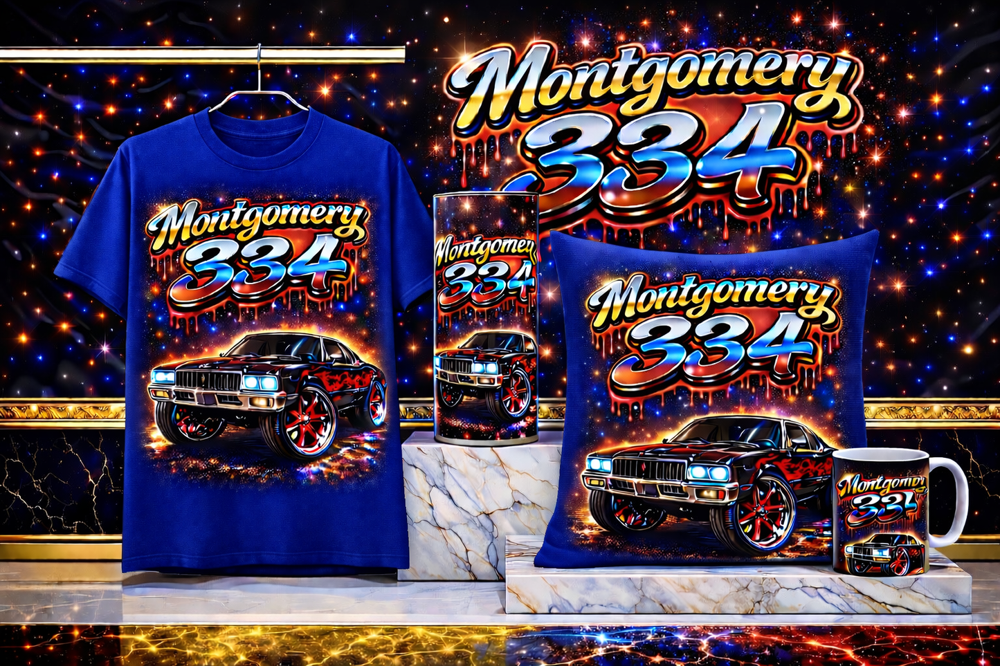 Montgomery 334 Street Luxury Collection – Blue Edition (Shirt + Tumbler + Pillow + Mug)