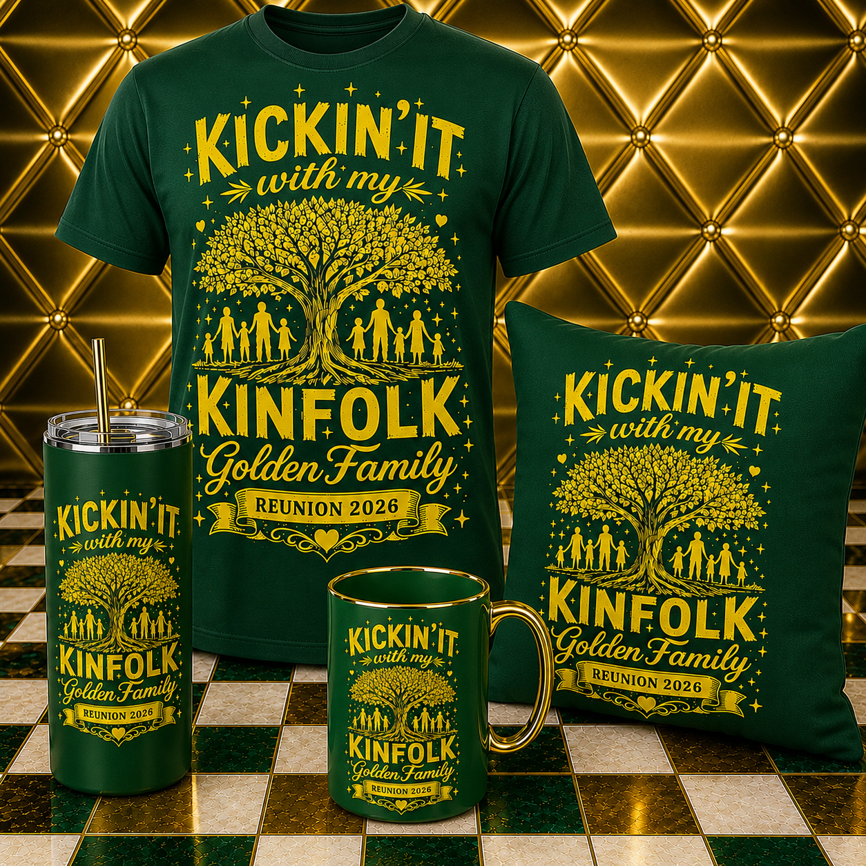 Kickin’ It With My Kinfolk – Golden Family Reunion Collection | T-Shirt, Tumbler, Mug & Pillow Bundle
