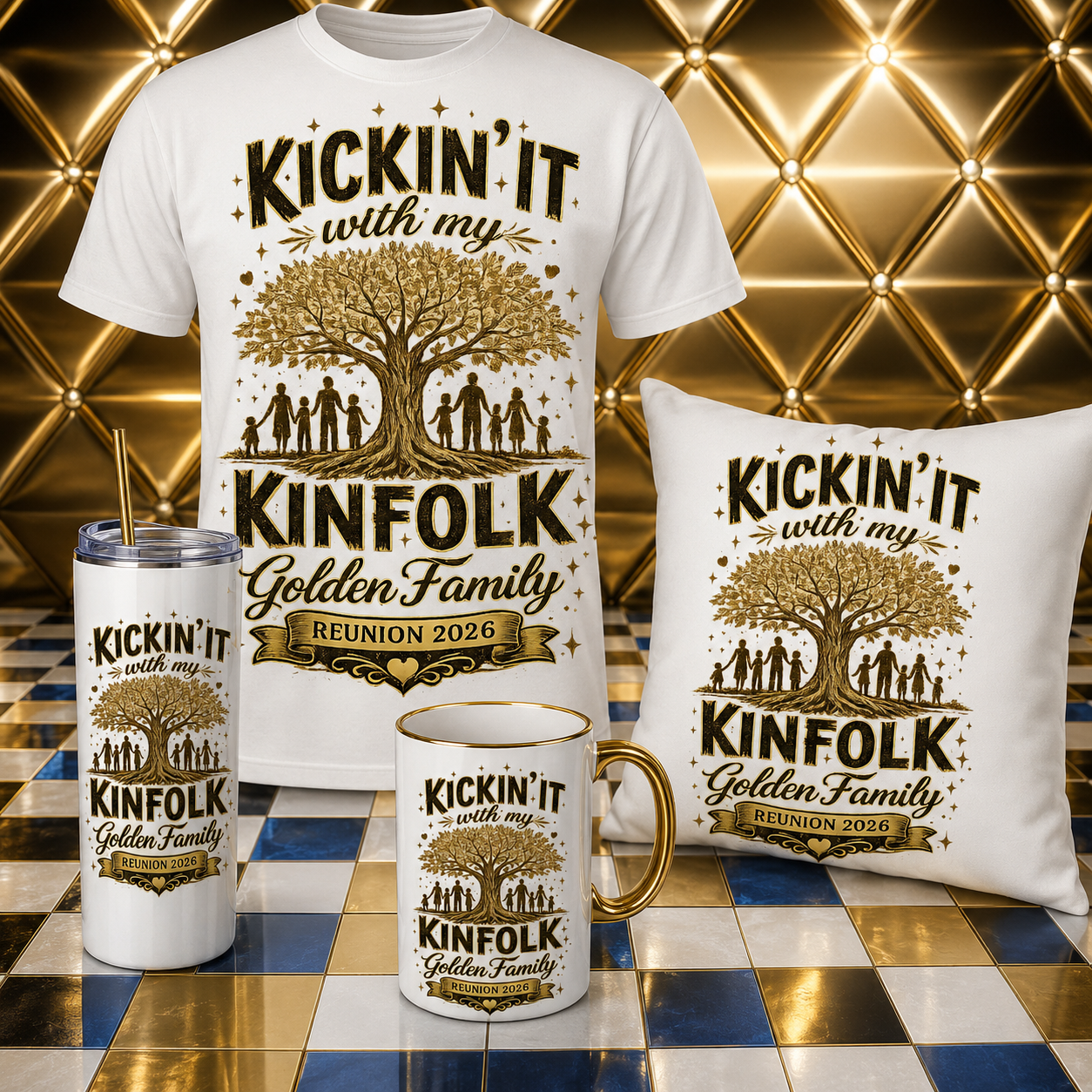 Kickin’ It With My Kinfolk – Golden Family Reunion Collection | T-Shirt, Tumbler, Mug & Pillow Bundle
