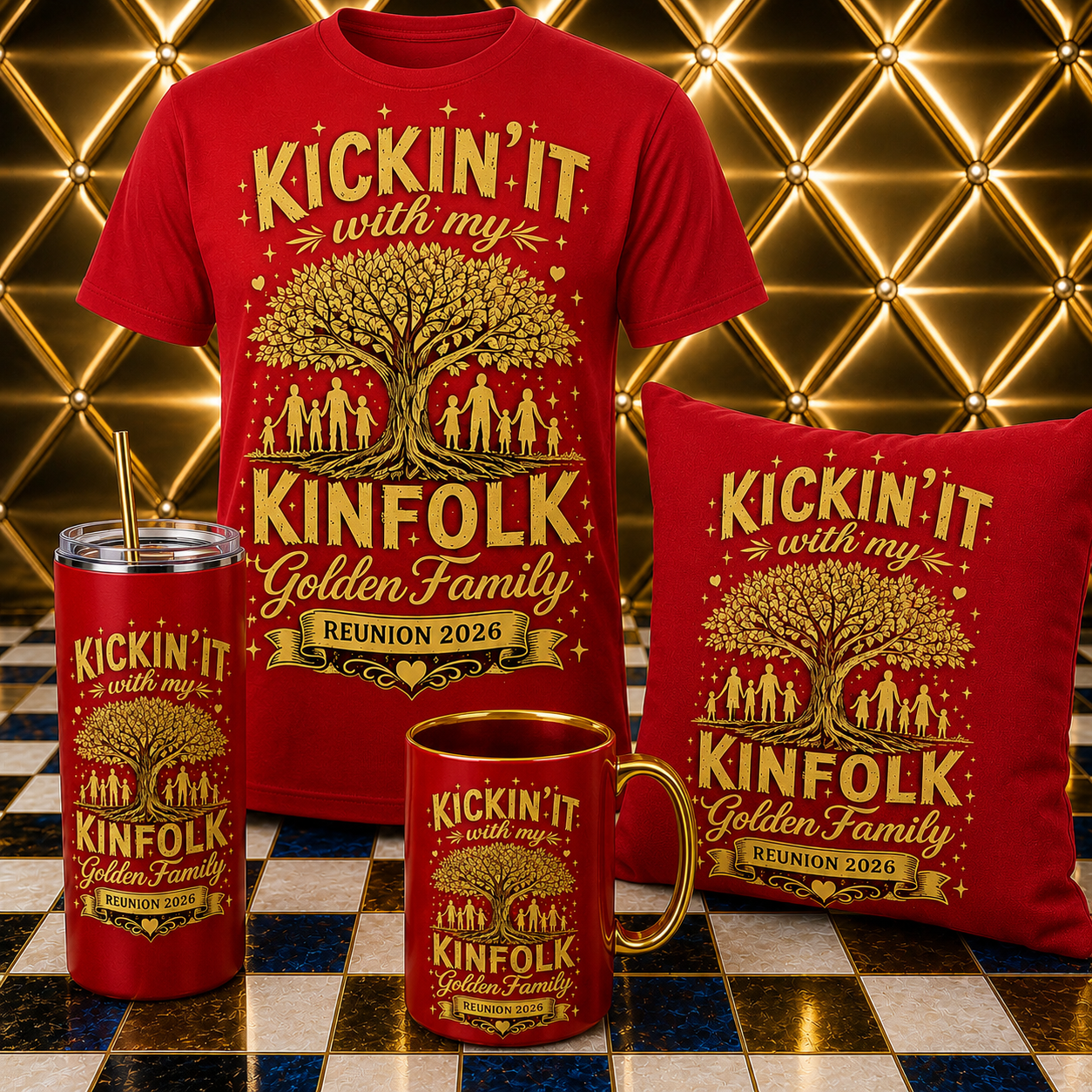 Kickin’ It With My Kinfolk – Golden Family Reunion Collection | T-Shirt, Tumbler, Mug & Pillow Bundle