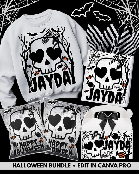 🎃 Halloween Skull Bundle – Personalized (Editable in Canva Pro) Bags Box’s & chips