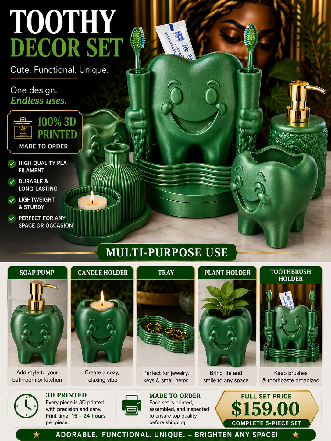 Toothy Multi-Purpose Bathroom Décor Set – 3D Printed