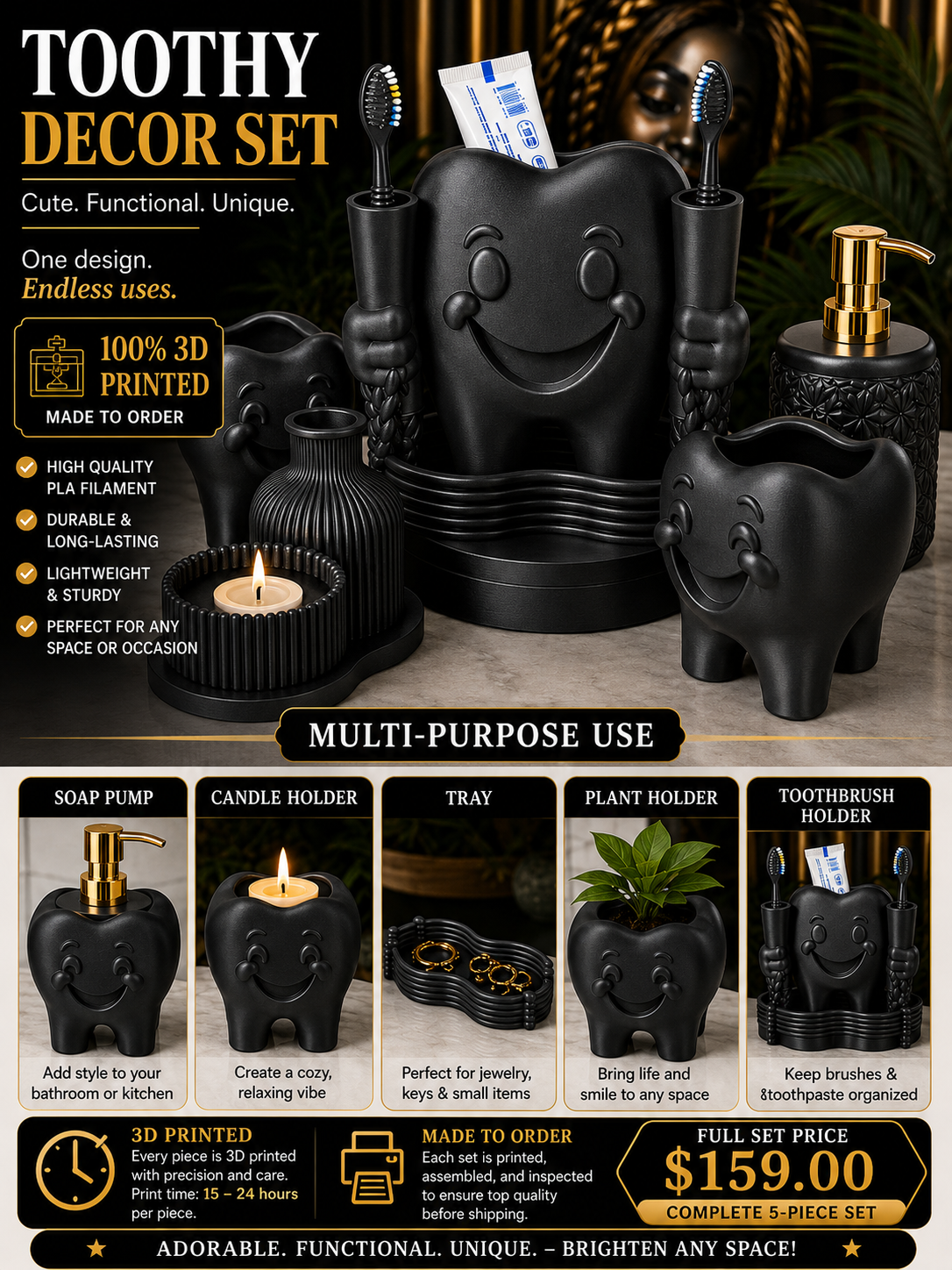 Toothy Multi-Purpose Bathroom Décor Set – 3D Printed