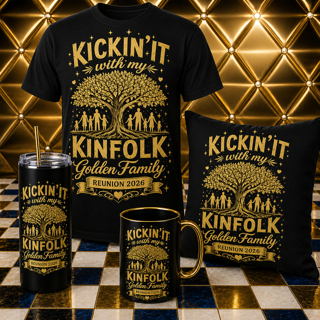 Kickin’ It With My Kinfolk – Golden Family Reunion Collection | T-Shirt, Tumbler, Mug & Pillow Bundle