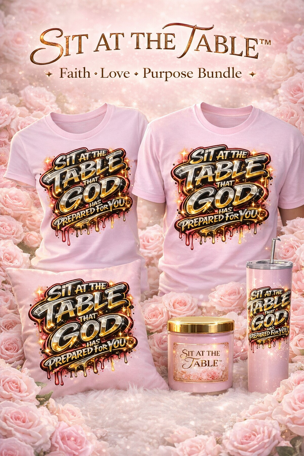 Sit at the table the table that God has prepared for you.2shirts 2 pillows 2cups 2 tumblers 2 candles bundles
