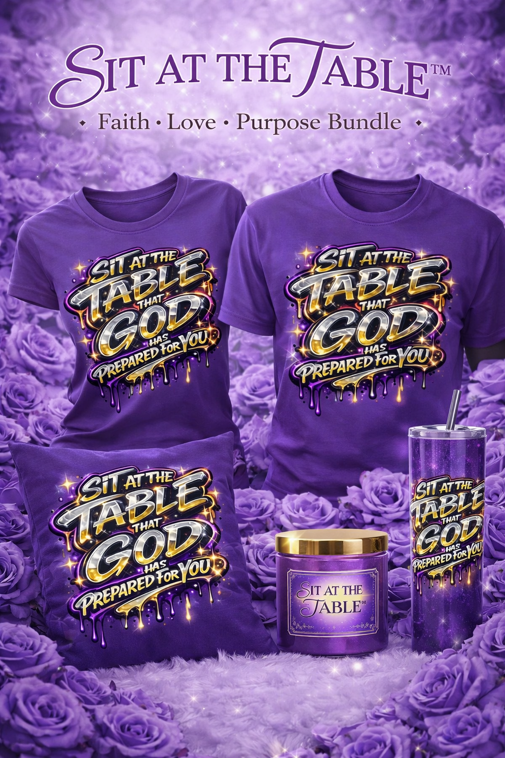 Sit at the table that God has prepared for you bundle 2 shirts 2 tumblers, 2 cups 2 candles