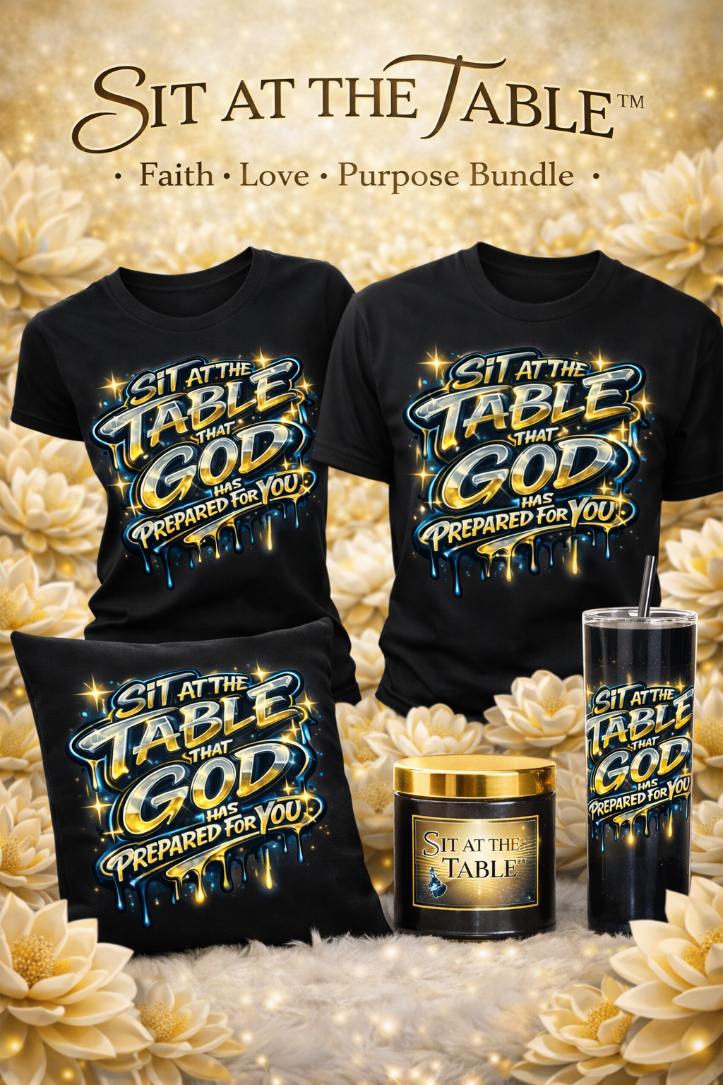Sit at the table that GOD has prepared for you. 2 shirts, 2tumblers, 2 cups, 2 pillows, 2candles