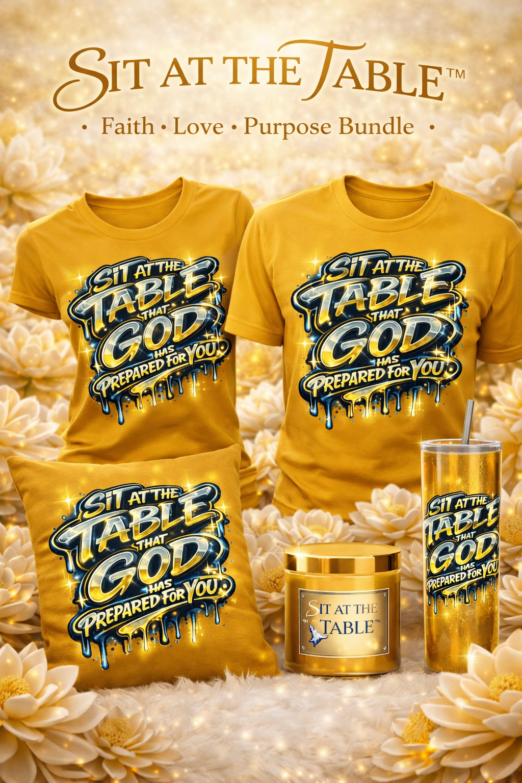 Sit at the table that God has prepared for you. 2 shirts, 2 tumblers 2 cups, 2 pillows, 2 candles.