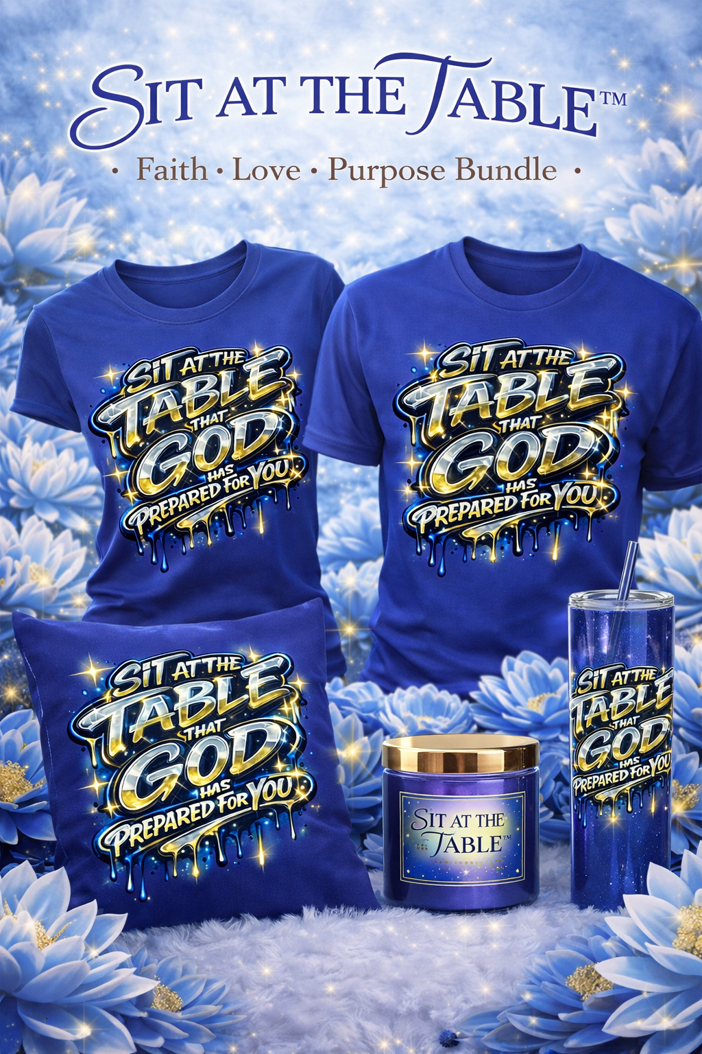 Sit at the table that God has prepared for you. 2 shirts, 2 tumblers 2 cups, 2 pillows, 2 candles.