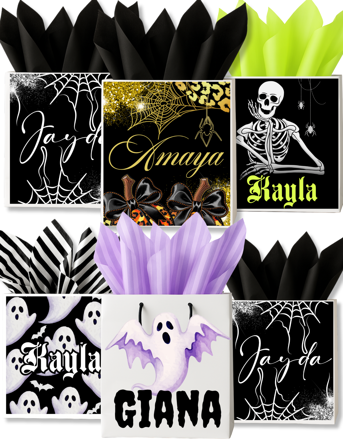 🎃 Personalized Halloween Party Favor Bags

Custom spooky gift bags with names & tissue paper included