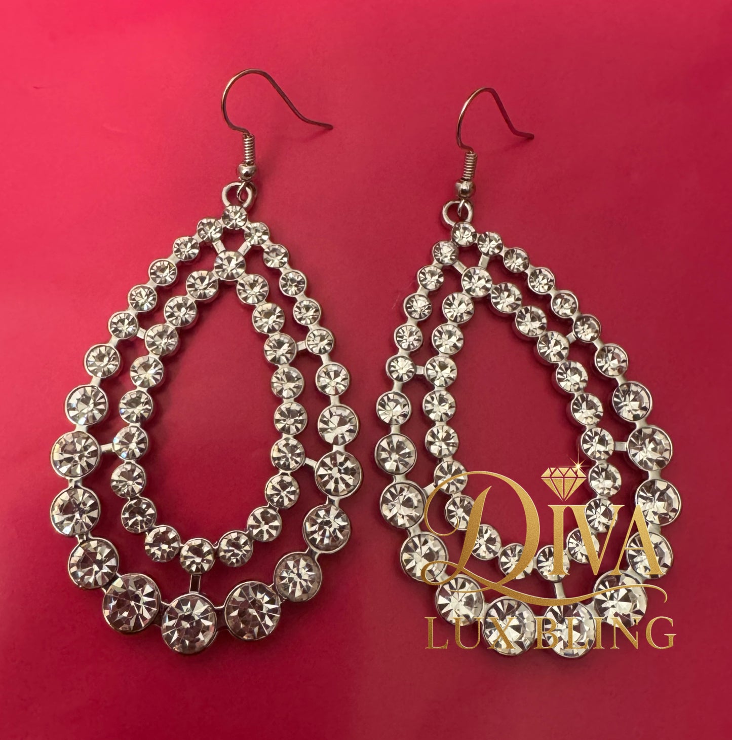 Diva Lux Bling Teardrop Rhinestone Earrings – Triple-Row Glam”