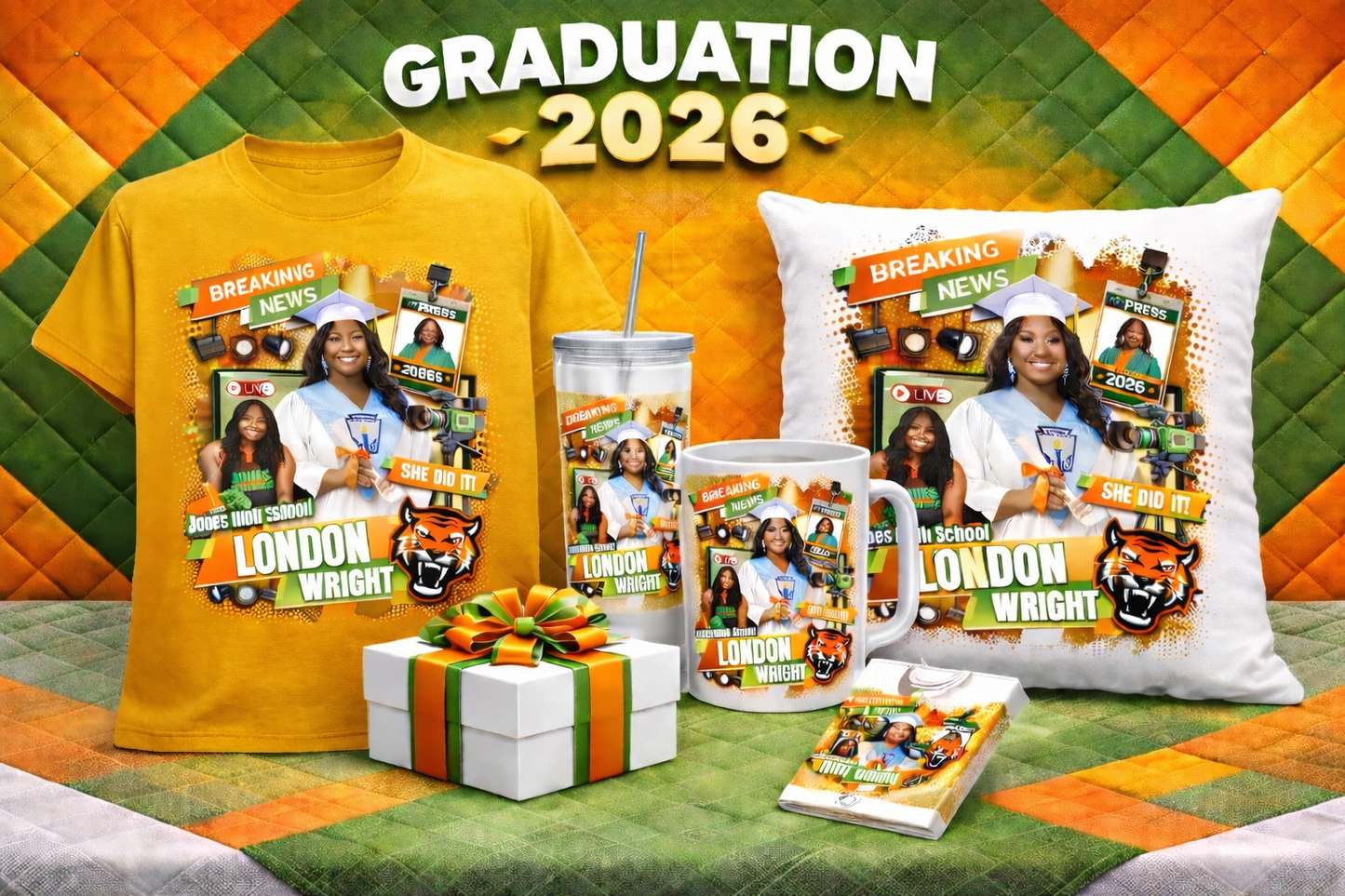 Graduation 2026 custom design bundle for kids size in this image email me for a price and I will send you a invoice. This is a cap and gown front face bundle